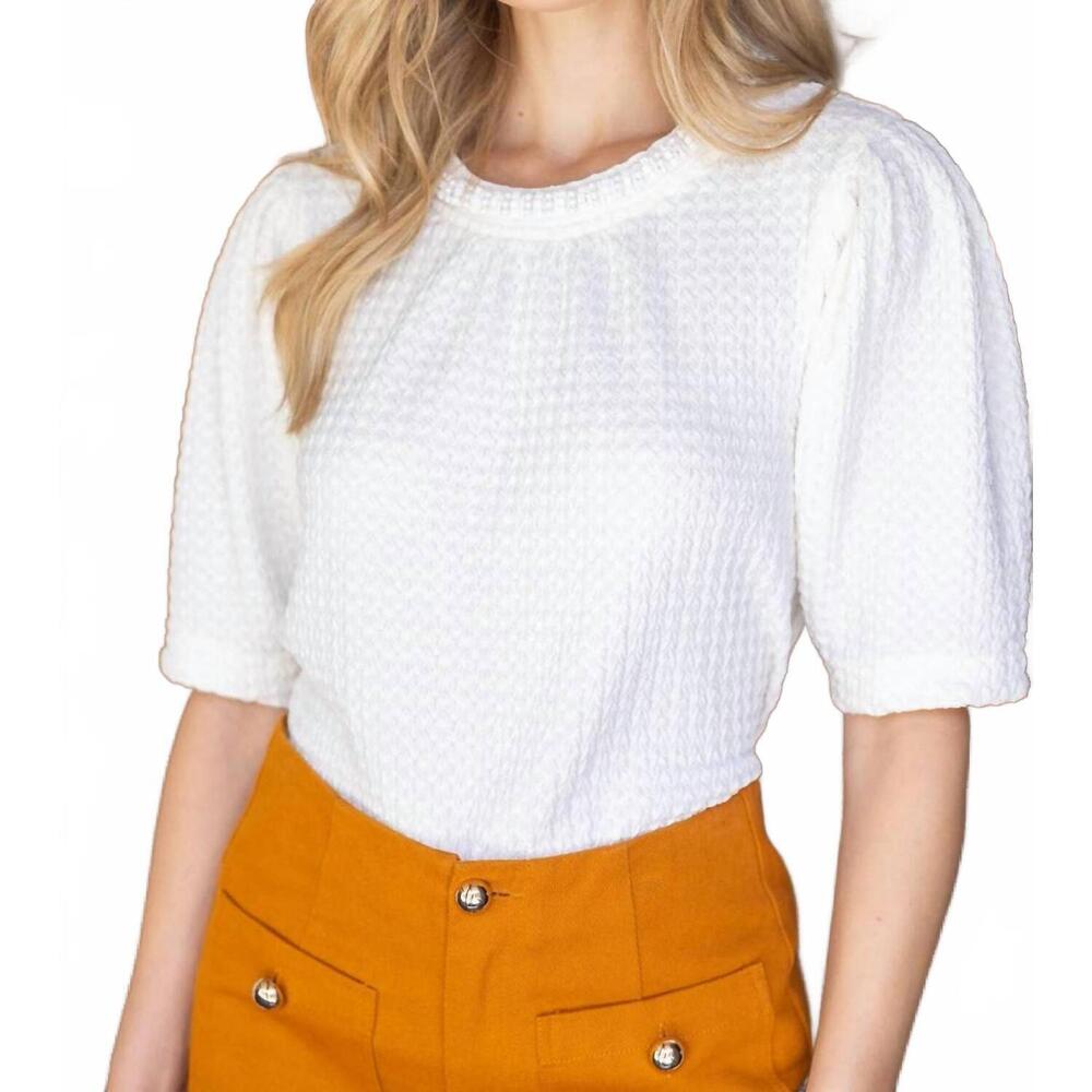NEW VOY pearl neck trim textured solid knit top in cream
